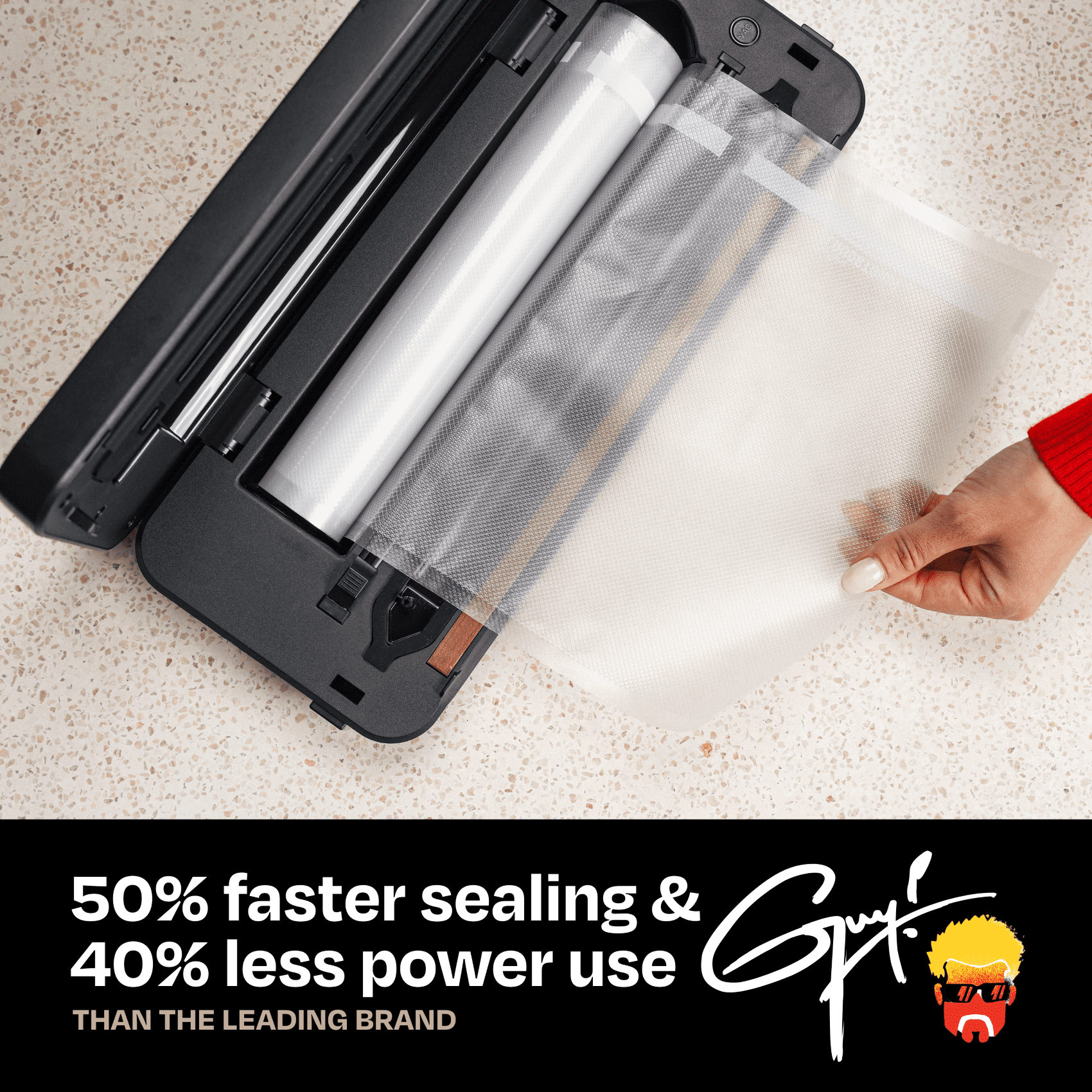 Guy Fieri's Flavortown Compact Vacuum Sealer with Built-In Roll Storage and Dry & Moist Modes - Includes Starter Kit (5) Quart Size Bags, 10ft Roll, and Accessory Hose for Containers and Bottles