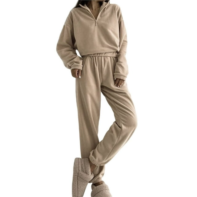 Conjunto de Dos Piezas para Mujer: Sudadera de Forro con Media Cremallera y Pantalón Deportivo Holgado con Bolsillos Caqui S