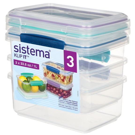 Sistema KLIP IT Food Storage Containers | 1 L | Stackable Food Prep Container with Airtight Lids | BPA-Free | Colourful Clips | 3 Count [81613-T]