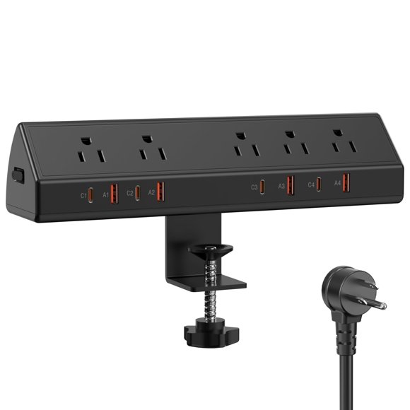 Desk Clamp Power Strip 65W Fast Charging Station,4 PD USB-C,5 Outlets,Nightstand Desk Edge Mount Tower Surge Protector,15 Amp Heavy Duty Power Strip,Fits 1.96" Tabletop
