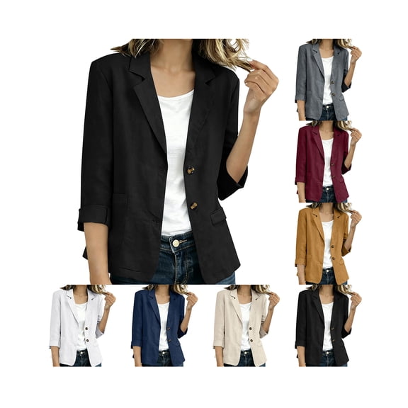 Blazers for Women Business Casual 3/4 Ruched Sleeve Open Front Blazer Lightweight Breathable Office Work Jackets