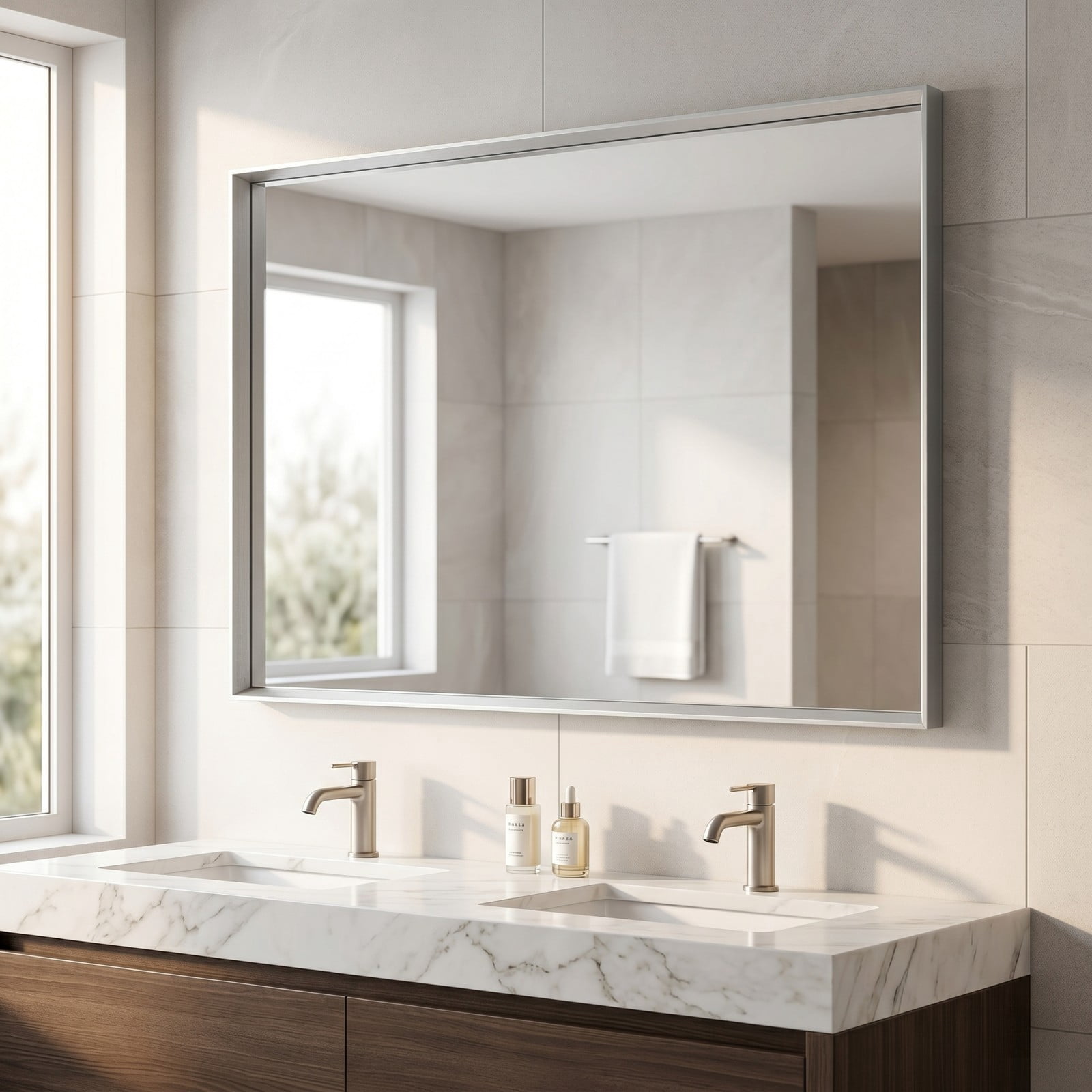GRAHMCY 32"x40" Bathroom Wall Mounted Mirror Vanity Rectangular Mirror with Deep Frame, Silver