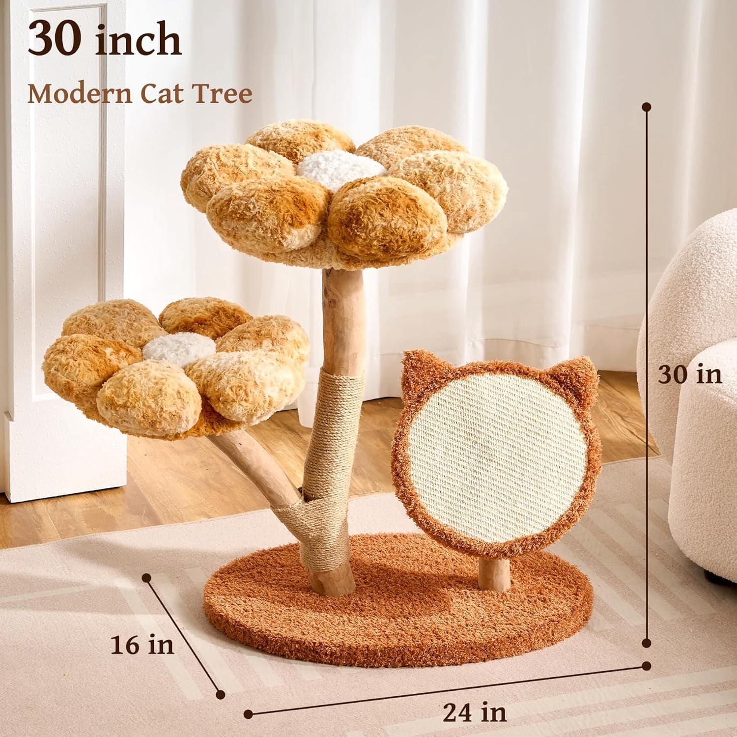 Modern Natural Solid Wood Cat Tree Tower for Indoor Cats Large Adult, 30 inch Flower Cat Tree with Scratching Post, Luxury Aesthetic Cat Tree with Cloud-Soft Flower Perches and Sisal Scratching Pad