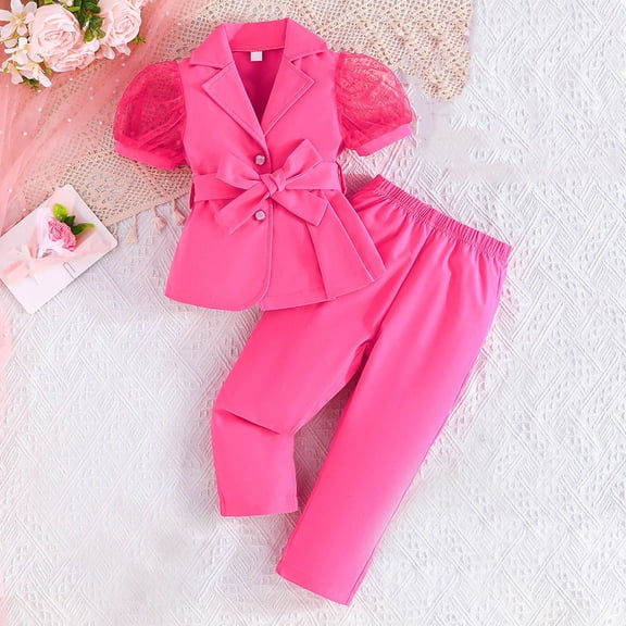 hengsof Children's Clothing Set Short Sleeve Bow Button Top Shorts Summer Set Cute Children's Clothing Suit Jacket Trousers Set 2PC