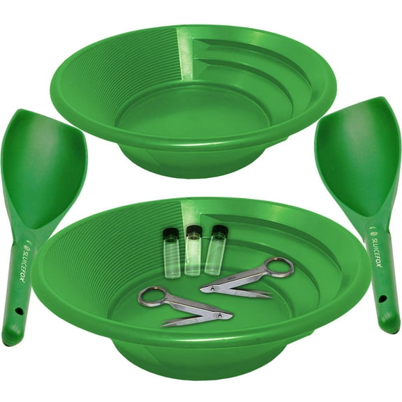 Sluice Fox Gold panning kit for two; Two green gold pans with gold trap and dual riffles, two plastic gold paydirt shovels, two stainless steel magnifying tweezers, and three glass gold storage vials