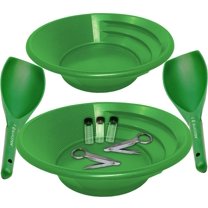 Sluice Fox Gold panning kit for two; Two green gold pans with gold trap and dual riffles, two plastic gold paydirt shovels, two stainless steel magnifying tweezers, and three glass gold storage vials