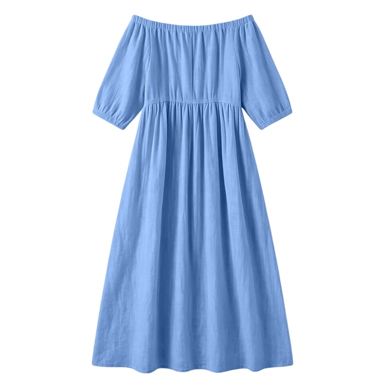 Ayolanni Short Sleeve Summer Dresses for Women Solid V Neck A-Line Maxi Dress Flowy Beach Vacation Off the Shoulder Long Dress Blue XL, Women's