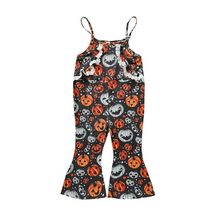 

Sunisery Halloween Kids Baby Girls Flared Overalls Pumpkin Print Boat Neck Lace Jumpsuit Orange White 12-18 Months