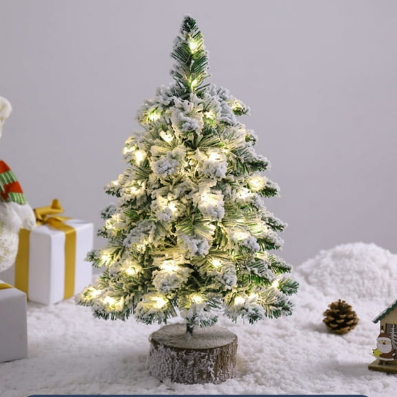 18" Pre-lit Mini Christmas Tree, Snowy Small Xmas Tree with LED Lights, Wood Base Flocked Artificial Lighted Tabletop Christmas Tree for Home Office Desktop Decor
