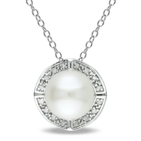 Miabella 8-8.5mm White Cultured Freshwater Pearl and Diamond-Accent Sterling Silver Halo Pendant, 18