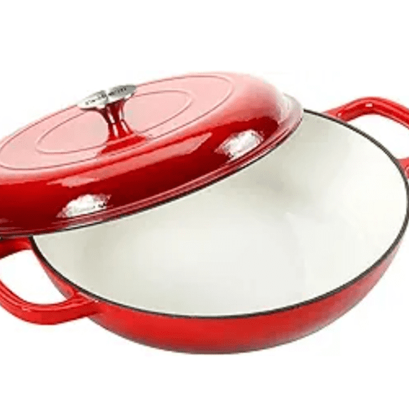 Cast Iron Casserole Braiser,3.8 Quart Enameled Cast Iron Pan,Heavy Duty Casserole Skillet with Lid and Dual Handles,Porcelain Surface Casserole Dish with Lid,Dutch Oven Gifts for Family,Red