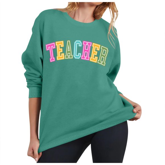 Teacher Outfits for Women: Teacher Colorful Sweatshirt Teacher Life Shirts Kindergarten Teach Fall Pullover Tops Dresses Elderly Cute Long Sleeve Large Tie Sweater Jacket Women Cardigan Women