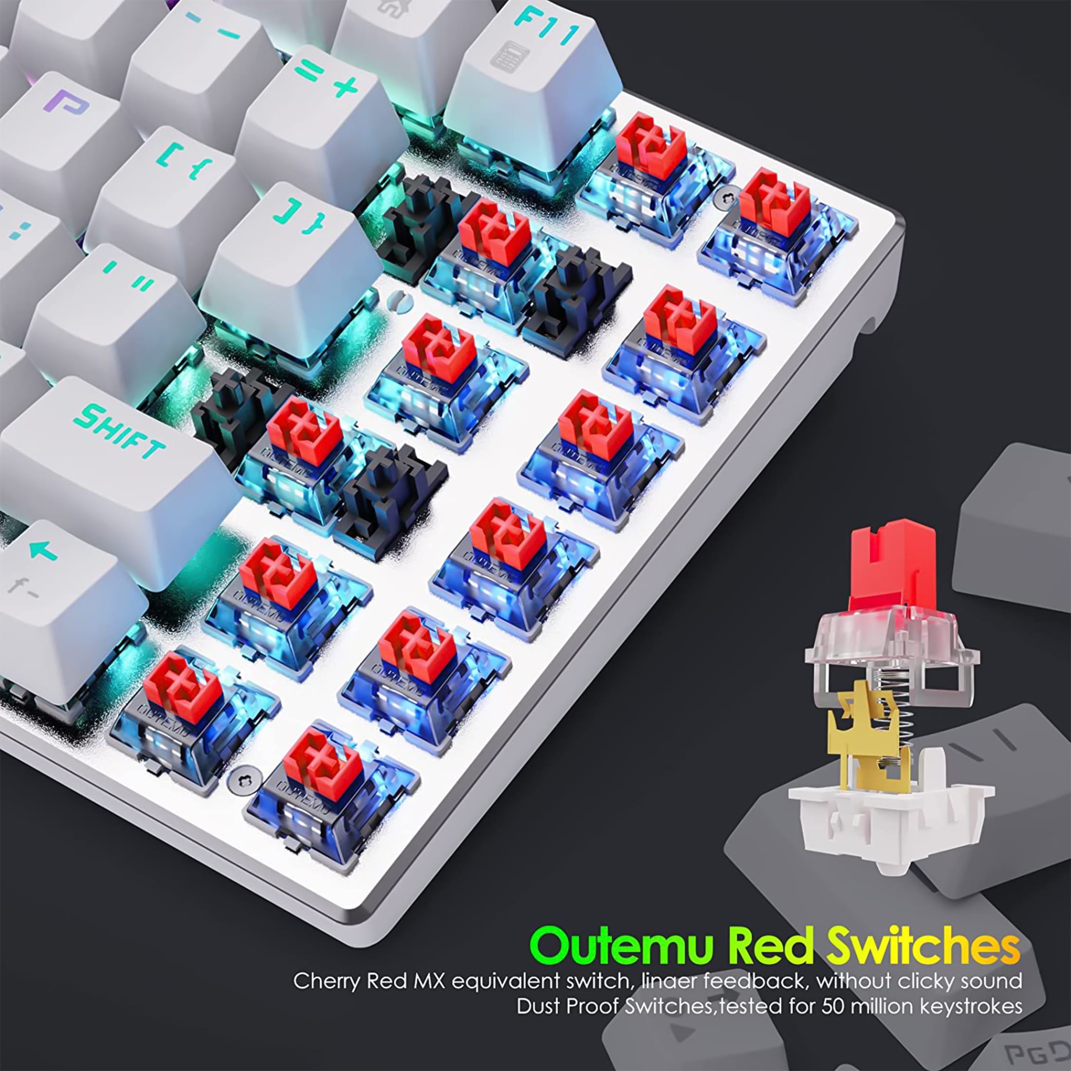E-Yooso Z-88 RGB Mechanical Gaming Keyboard, Metal Panel, Red Switches, 75% Compact 81 Keys for Mac, PC, Silver and White