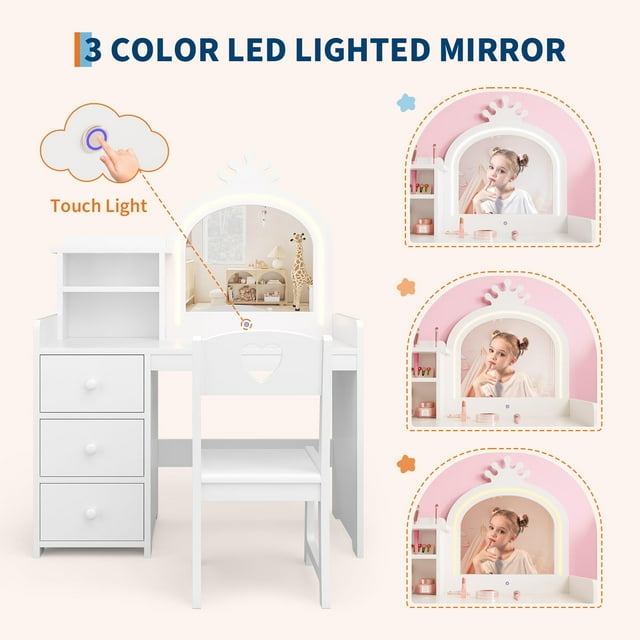 Kojooin Princess Girls Makeup Vanity Table Set with Storage & Lights