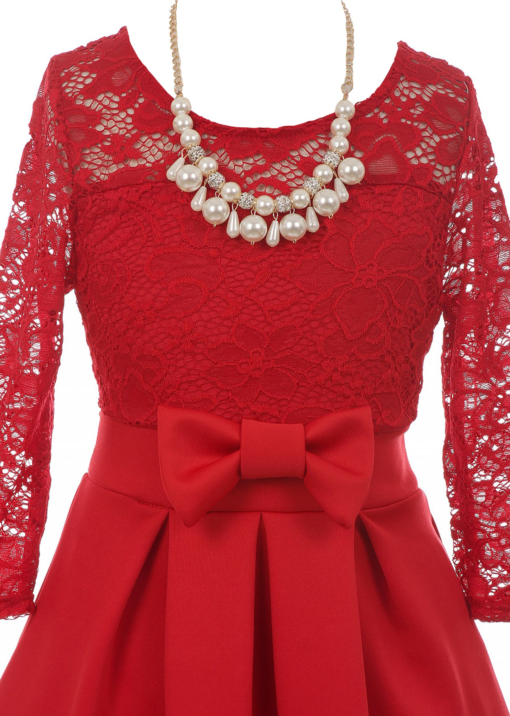 Little Girls Elegant Floral Lace Illusion Top Pearl Necklace Holiday Flower Girl Dress Red 4 (2J1K0S4) - image 2 of 4
