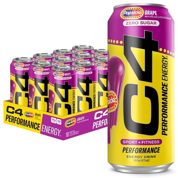 C4 Performance Energy Drink, Grape Popsicle, 16oz, 12 Pack Cans