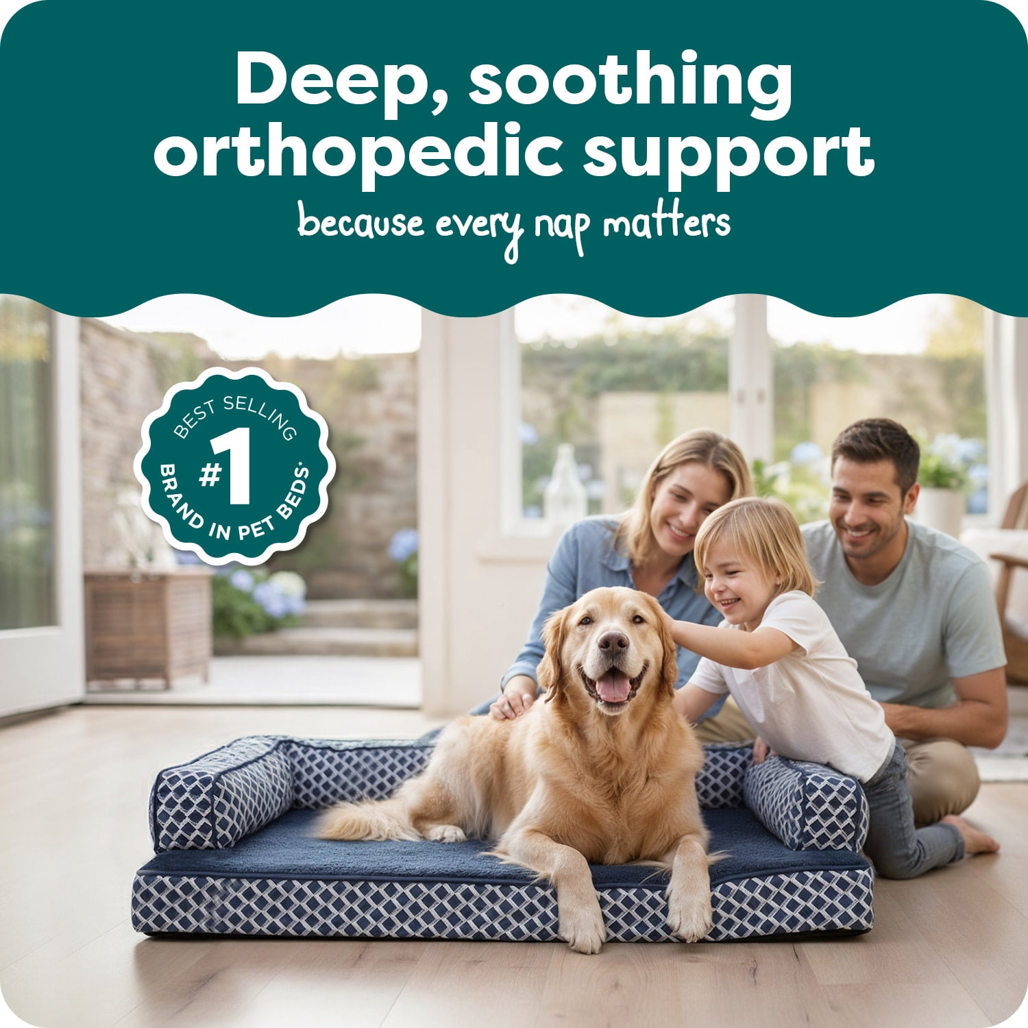 FurHaven Orthopedic Dog Bed Comfy Couch Sofa, Egg Crate with a Solid Orthopedic Foam Base for Joint Support, Removable Washable Cover, Large, Plush & Woven, Diamond Blue, 1 Count