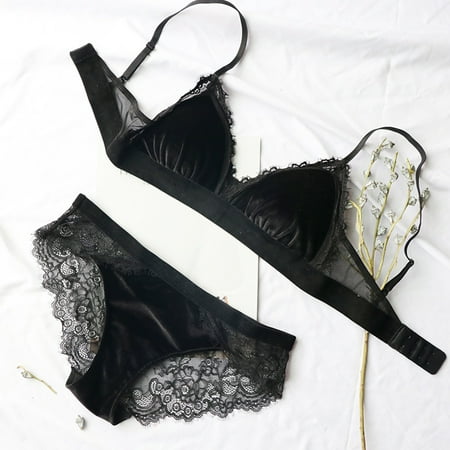 

Amusingtao Women Soft Triangle Cup Lingerie Padded Breathable Wire Free Velvet Lace Bra Set