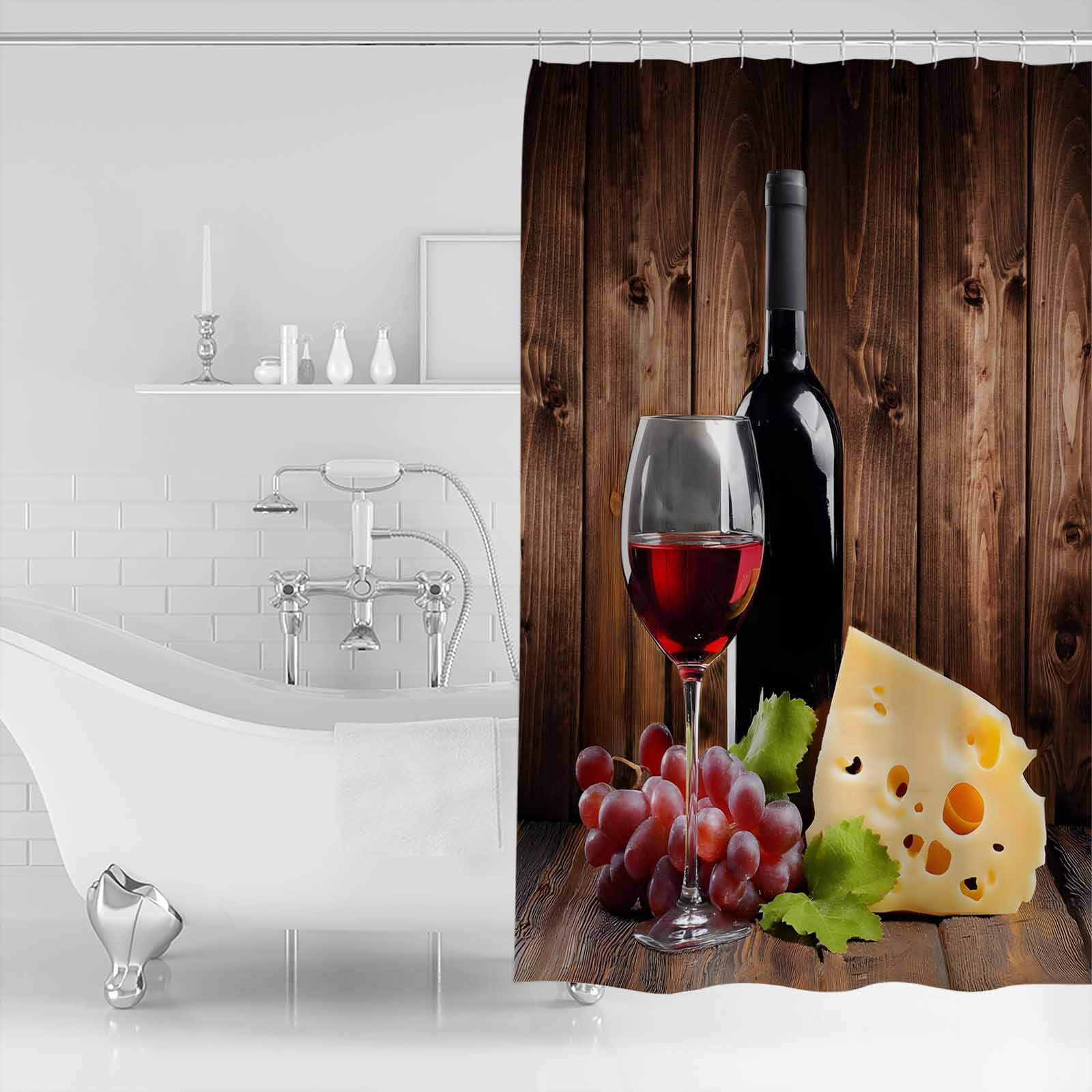 Shower Curtain Bathroom Set Farm Red Wine Grape Vintage Wood Board Waterproof Fabric Shower Curtains with Grommets&Hooks Cheese Fruit Wine Glass Privacy Bath Curtain for Bathtub 72x72in