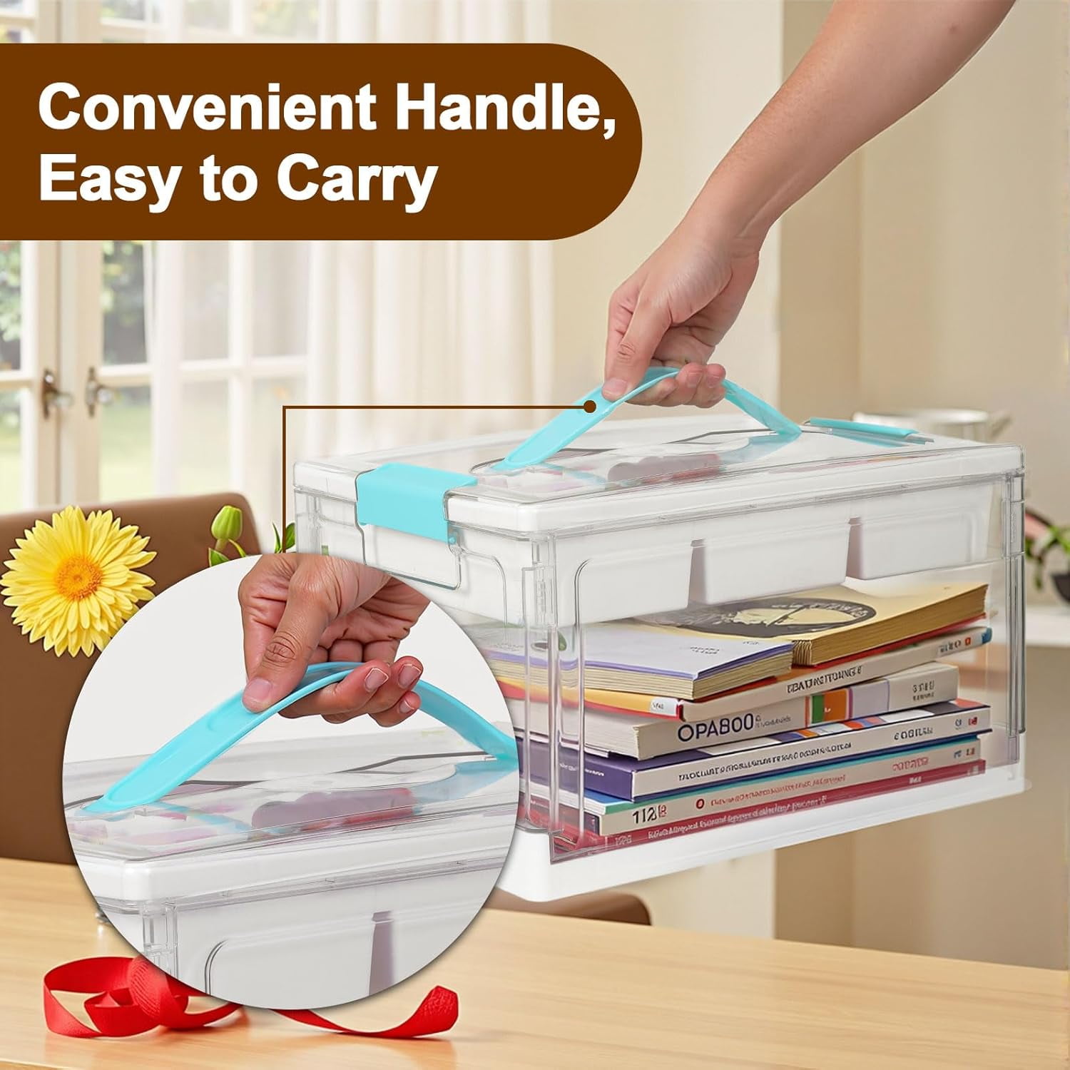 24QT Large Clear Plastic Craft Organizer with Removable Tray & Adjustable Dividers, Foldable Storage Box with Handles for Art Supplies, Toys, Sewing, Books, Crayons, and Medicine