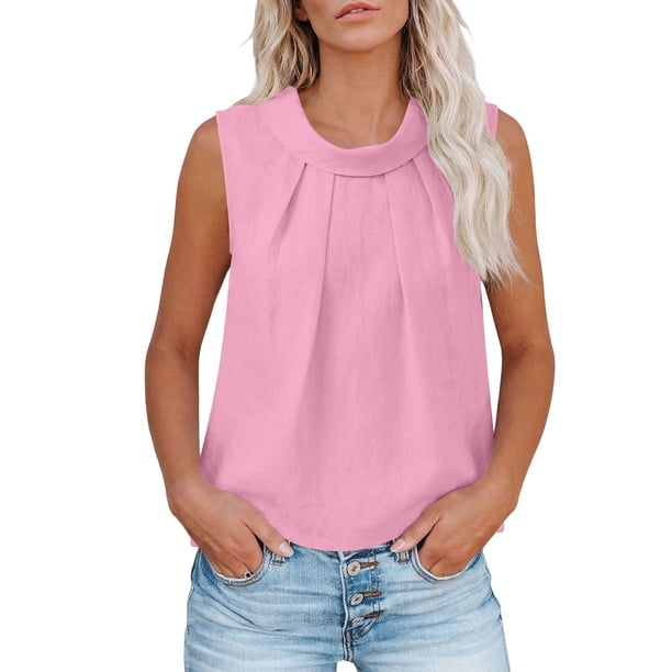 Tops Casuales sin Mangas para las Mujeres Color Sólido Cuello Redondo Plisado Blusa sin Espalda, Tops de Color Sólido para las Mujeres Respirable Primavera Verano Diario