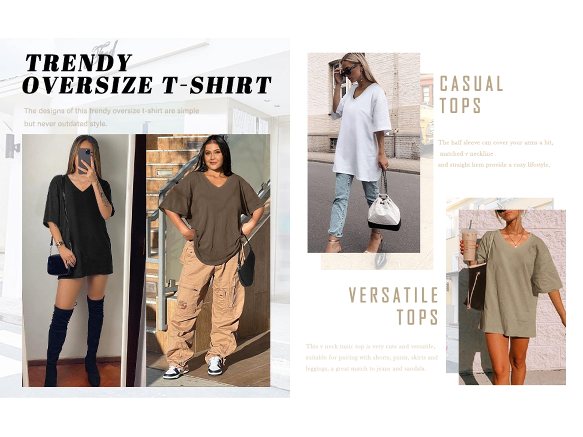 Fancyglim Women's V Neck Tunic Tops Cozy Oversized Tee Shirt Blouse Khaki XL