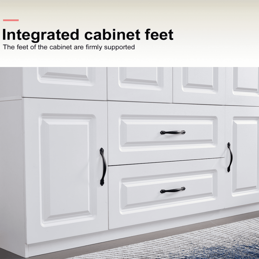 VivaVista 4-Door Wardrobe Armoire Closet, Modern White Wood Storage Cabinet with Hanging Rods & Drawers
