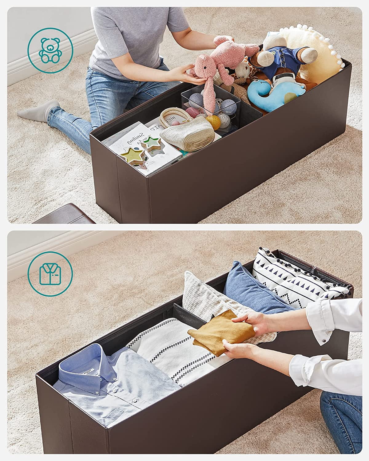 SONGMICS 43" Storage Ottoman Bench Folding Leather Ottoman with Storage Footrest Holds 660lb for Bedroom Brown