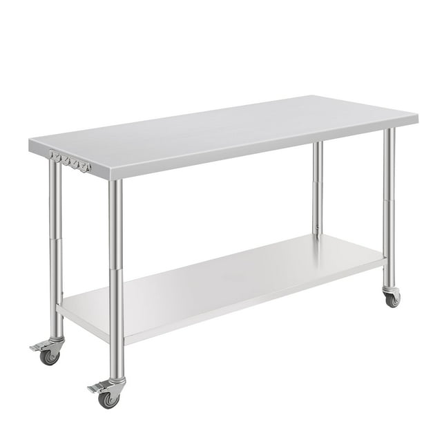 Table de Travail en Acier Inoxydable NSF - 60x24x35 Pouces - Tablette Inférieure Réglable, avec Roulettes, Bord Arqué, Crochet pour Outils, Sans Pare-Chocs Arrière, pour Restaurant et Maison