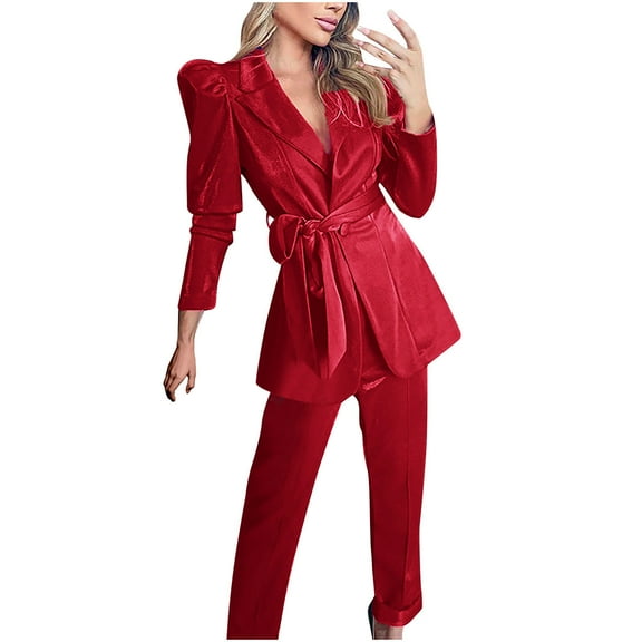 Womens Velvet Business Work Suit Set Long Sleeve Belted Blazer with Long Suit Pants Basic Office Formal Suit Sets