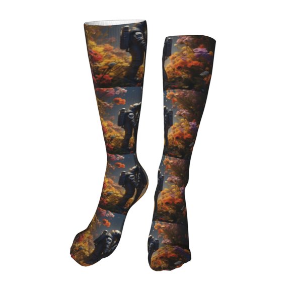 Rateoe Romantic Flower Astronaut Couple print Women's Men's Novelty 20in Crew Socks Cotton Socks Knee High Socks for Walking,Running,Nurses,Pregnancy-One Size