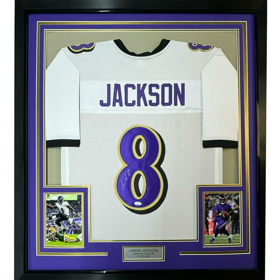 Framed Autographed/Signed Lamar Jackson 35x39 Baltimore White Football Jersey JSA COA