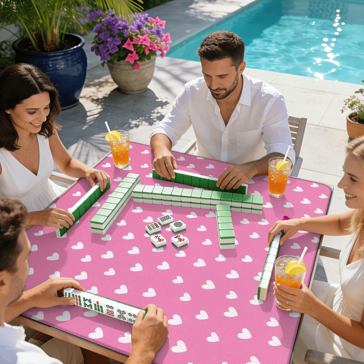 Mahjong Mat 31.5" x 31.5" Pink Heart White Red Hearts Soft Pink Non-Slip Noise Reduction American Mahjong Tiles Table Cover for Dominoes Poker Card Board Games Gift