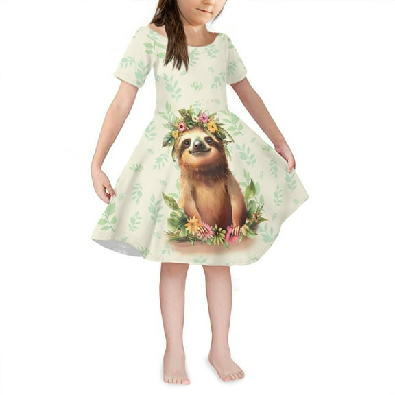 Yuyamidu Sloth A Line Dress for Girls Flower Kids Short Sleeve Twirl Dress Fashion Skater Dress Leisure Toddler Girls One-Shoulder Dresses for Party Dancing Size 5-6