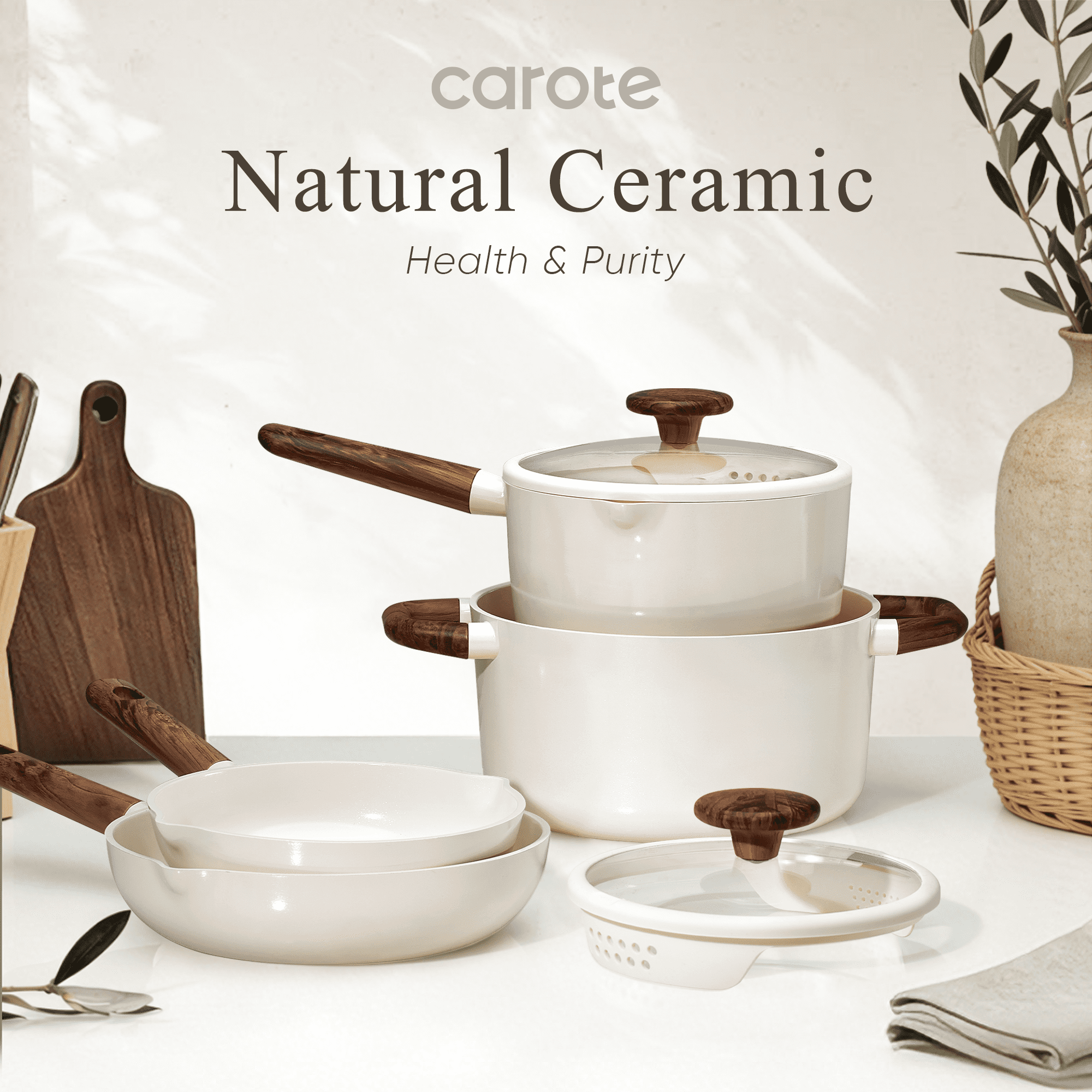 Carote 22-Piece Pots and Pans Set, Ceramic Nonstick Cookware Set with Steamer,Induction Compatible, White