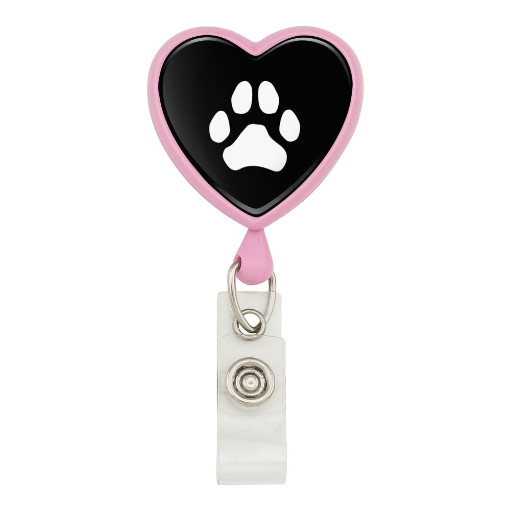 Paw Print Dog Cat White on Black Heart Lanyard Reel Badge ID Card Holder 
