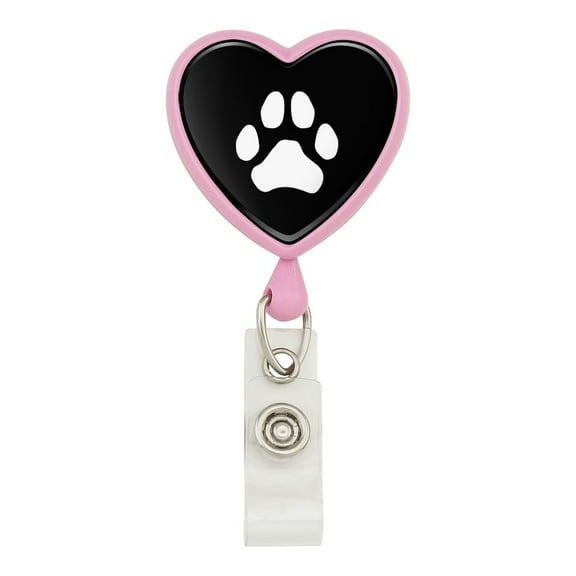 Paw Print Dog Cat White on Black Heart Lanyard Retractable Reel Badge ID Card Holder