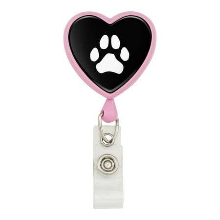 Paw Print Dog Cat White on Black Heart Lanyard Retractable Reel Badge ID Card Holder -