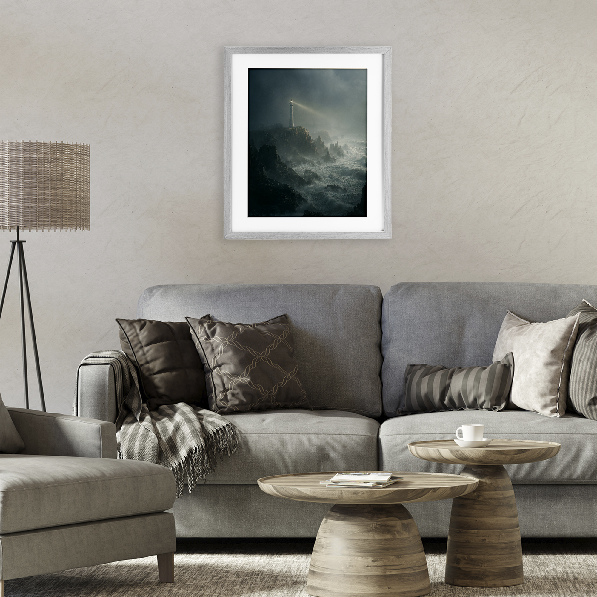 Lighthouse and Stormy Cliff Gray Framed Print Under Glass, design by Ziwei Li
