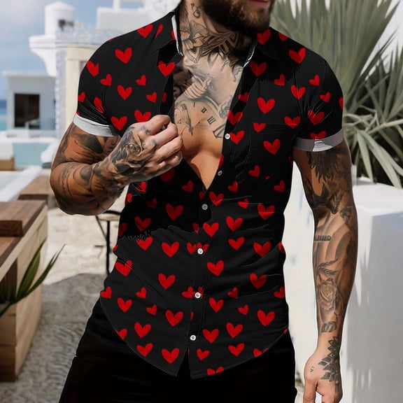 Handshe Men's Button-Up Shirt, Short Sleeve with Notched Collar for Casual and Valentine's Day Wear