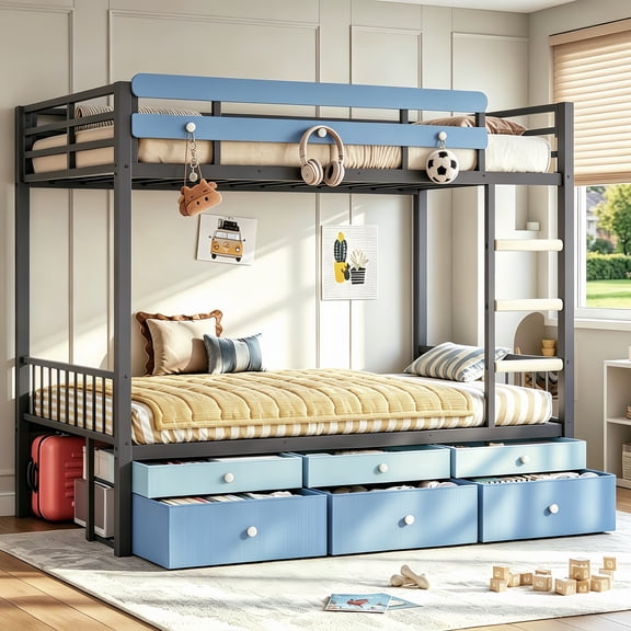 Twin Metal Bunk Bed with 6 Drawers& Button Storage Rack, Space Saving Safety Bunk Bed for Heavyweights/ Small Room Durable Blue Grey