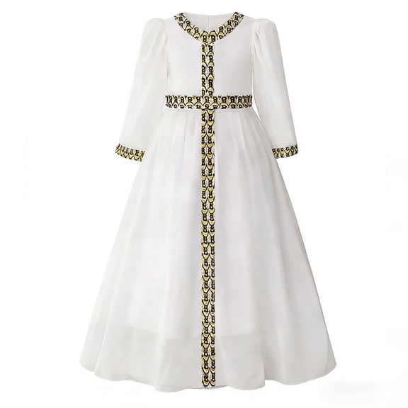 LIIPEE Girls Dresses Elegant Formal Evening Gown Long Sleeve Crew Neck Graphic Party Dress Kids Comfortable Breathable Soft Cute Princess Dresses,White,7-8 Years