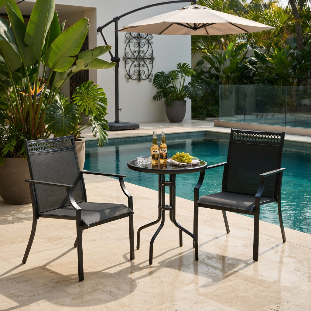Hommoo 2-Piece Outdoor Patio Chairs Set, All-Weather Breathable Fabric, Heavy-Duty Steel Frame, Poolside & Lawn Ready, Black