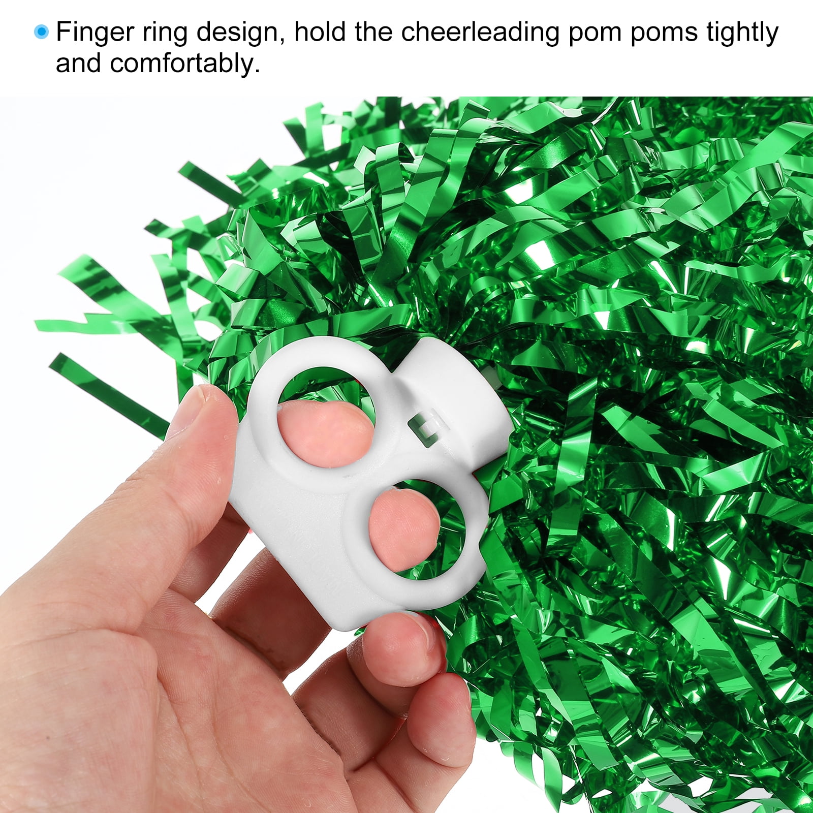 Cheerleading Pom Poms with Finger Holes Metallic Foil Cheering Hand Flower, Green, 12 Pack