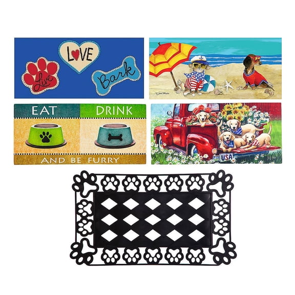 Evergreen Indoor Outdoor Doormat Bundle Set of 5 - Frame and 4 Welcome Paw Print Pet Inserts