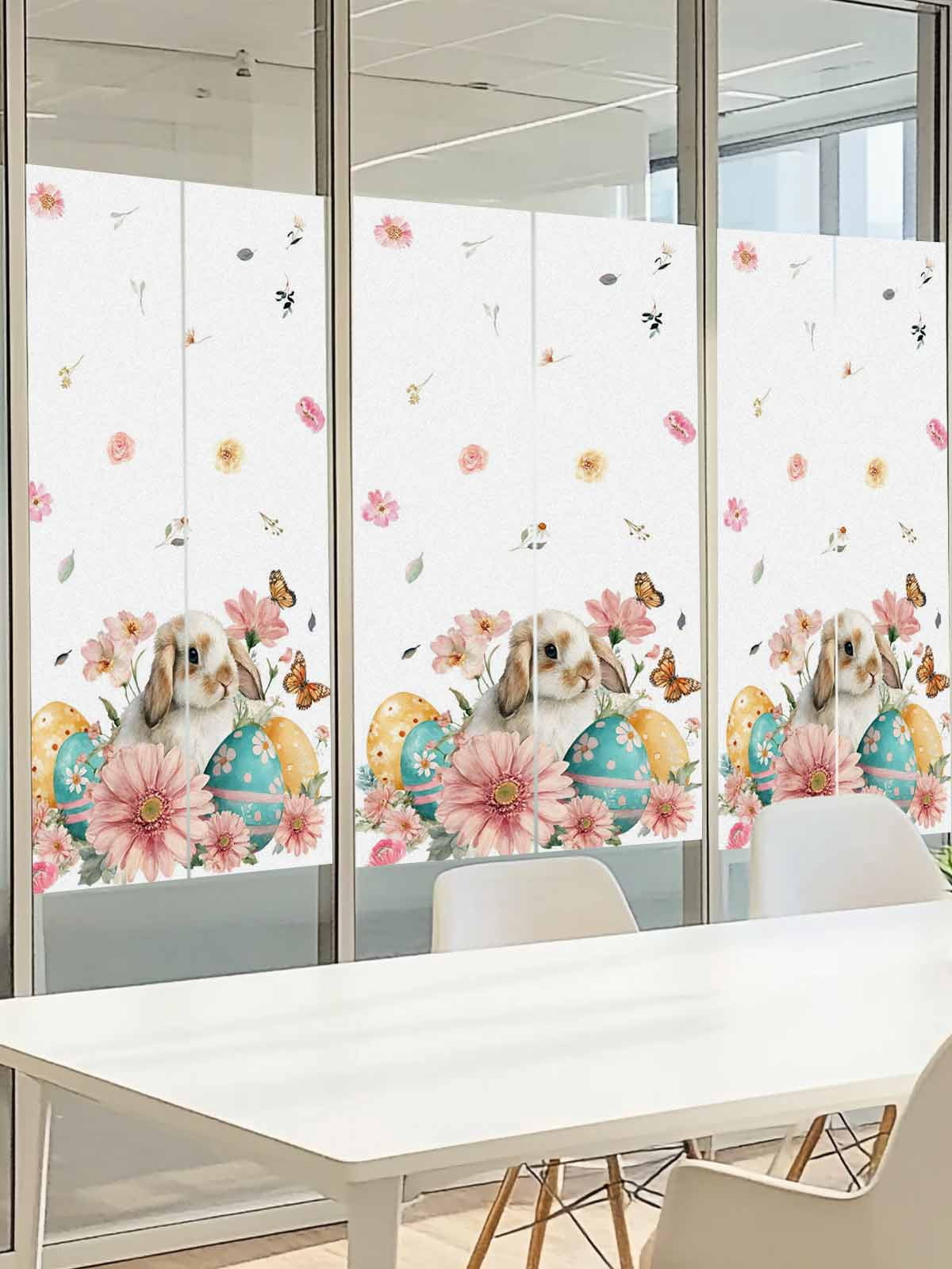 Easter Rabbit Window Privacy Film, Watercolor Bunny Eggs Pink Floral Butterfly Frosted Glass Window Clings Static Cling UV Heat Blocking Reusable Door Sticker for Bathroom 23.6 x 59 Inch