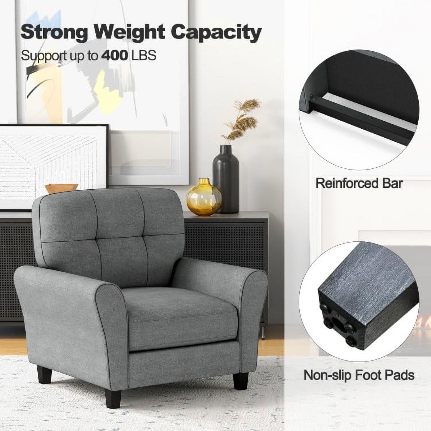 Finihen Upholstered Accent Chair, Modern Upholstered Accent Chair with Rubber Wood Legs, for Living Room, Bedroom, Gray