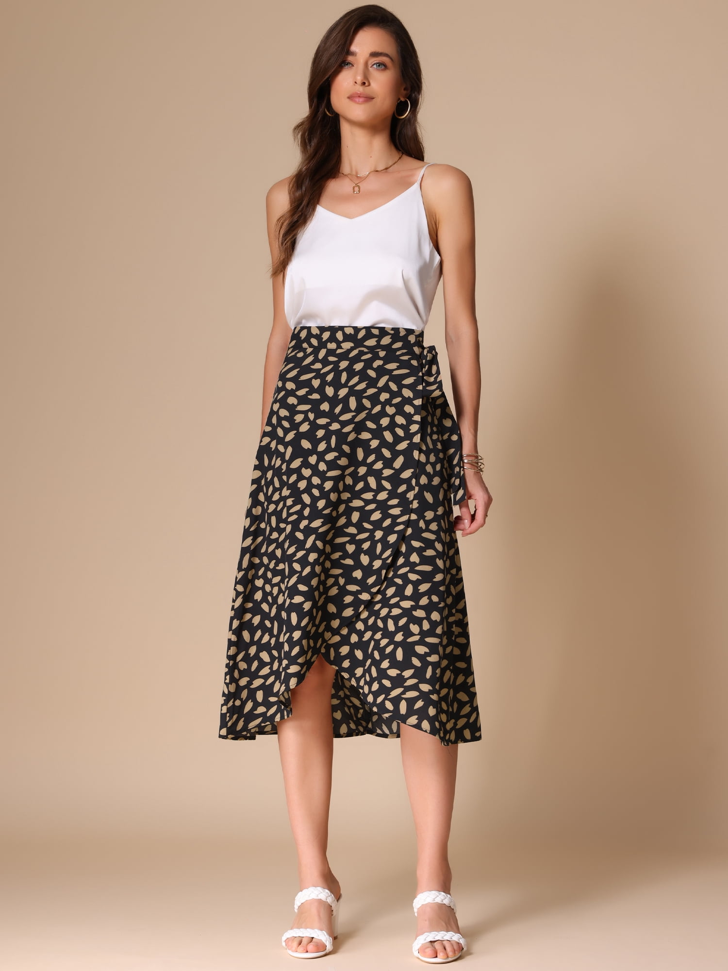 DARING DIVA Women's Tie Front Split Floral Wrap Midi Skirts L Black