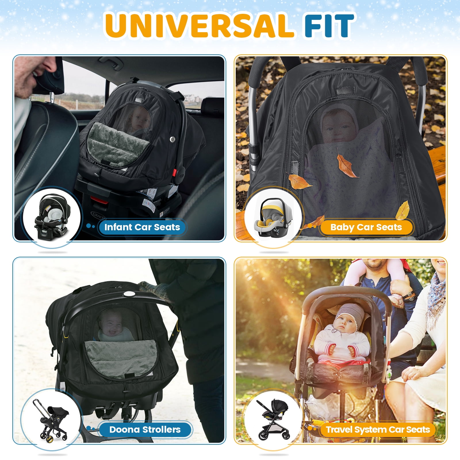 Orzbow Winter Car Seat Cover for Babies, Waterproof Carseat Canopy Cover with Peep Window of Breathable Mesh, Warm and Cozy Baby Car Seat & Carrier Covers for Cold Weather, Machine Washable, Black