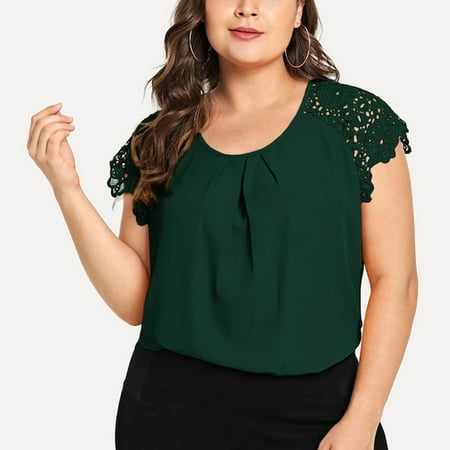 

WANYNG Fashion Womens Plus Size Solid O-Neck Floral Lace Shoulder T-shirt Tops Blouse Sleeve Button Womens Scrub Tops Printed plus Size